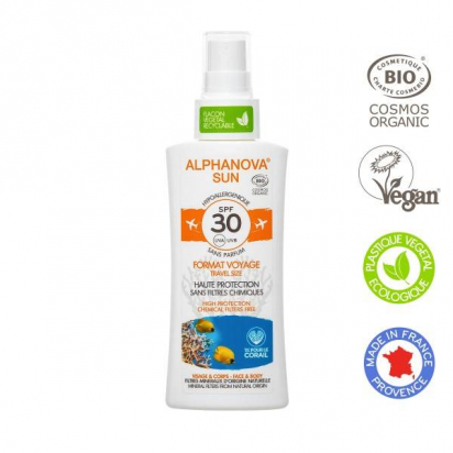 Crème solaire BIO en spray 30SPF format voyage Alphanova