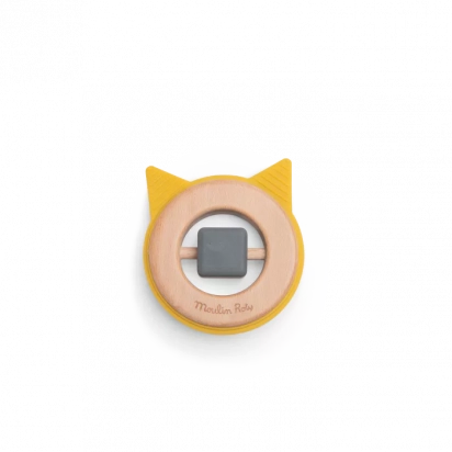 Hochet anneau de dentition bois et silicone Chat Les Moustaches Moulin roty
