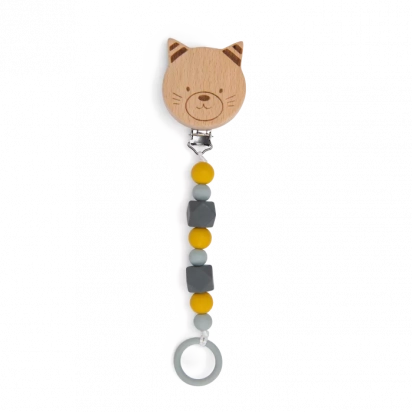 Attache-tétine bois et silicone chat Les Moustaches Moulin Roty