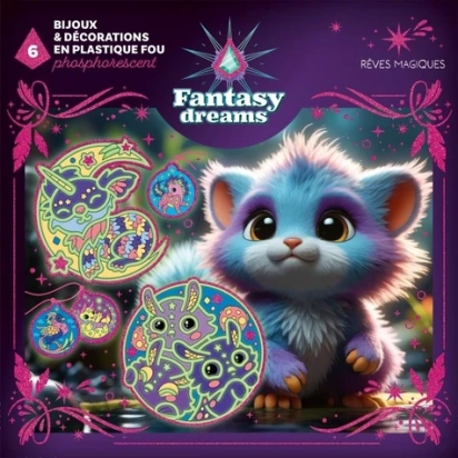 Rêves magiques - 6 bijoux & décorations en plastique fou phosphorescent. Avec 3 planches de plastique fou phosphorescent, 1 fil rose et 3 carrés de pâte adhésive