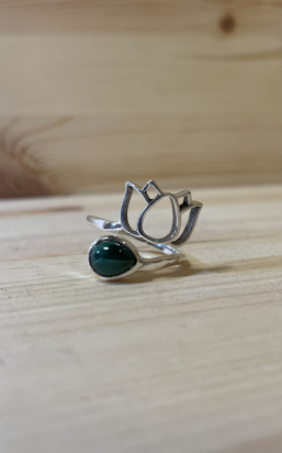 Bague malakite AA argent 925 réglabe lotus