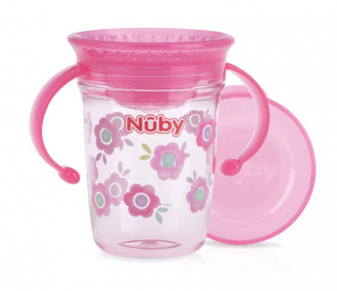 Gobelet magique 360° avec anses rose 240mL Nuby