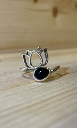 Bague obsidienne noire AA argent 925 réglabe lotus