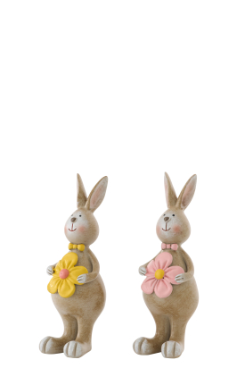 J-Line Lot de 2 lapins décoratifs fleuris en polyrésine – décoration intérieure