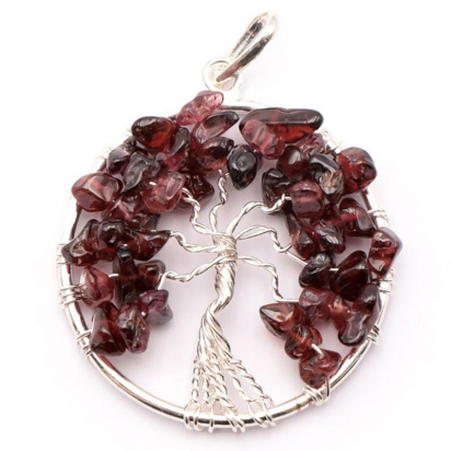Pendentif arbre de vie 40mm grenat rouge  sur collier cordon
