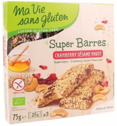 Super barres cranberry, sésame & pavot bio 75 g Ma Vie Sans Gluten